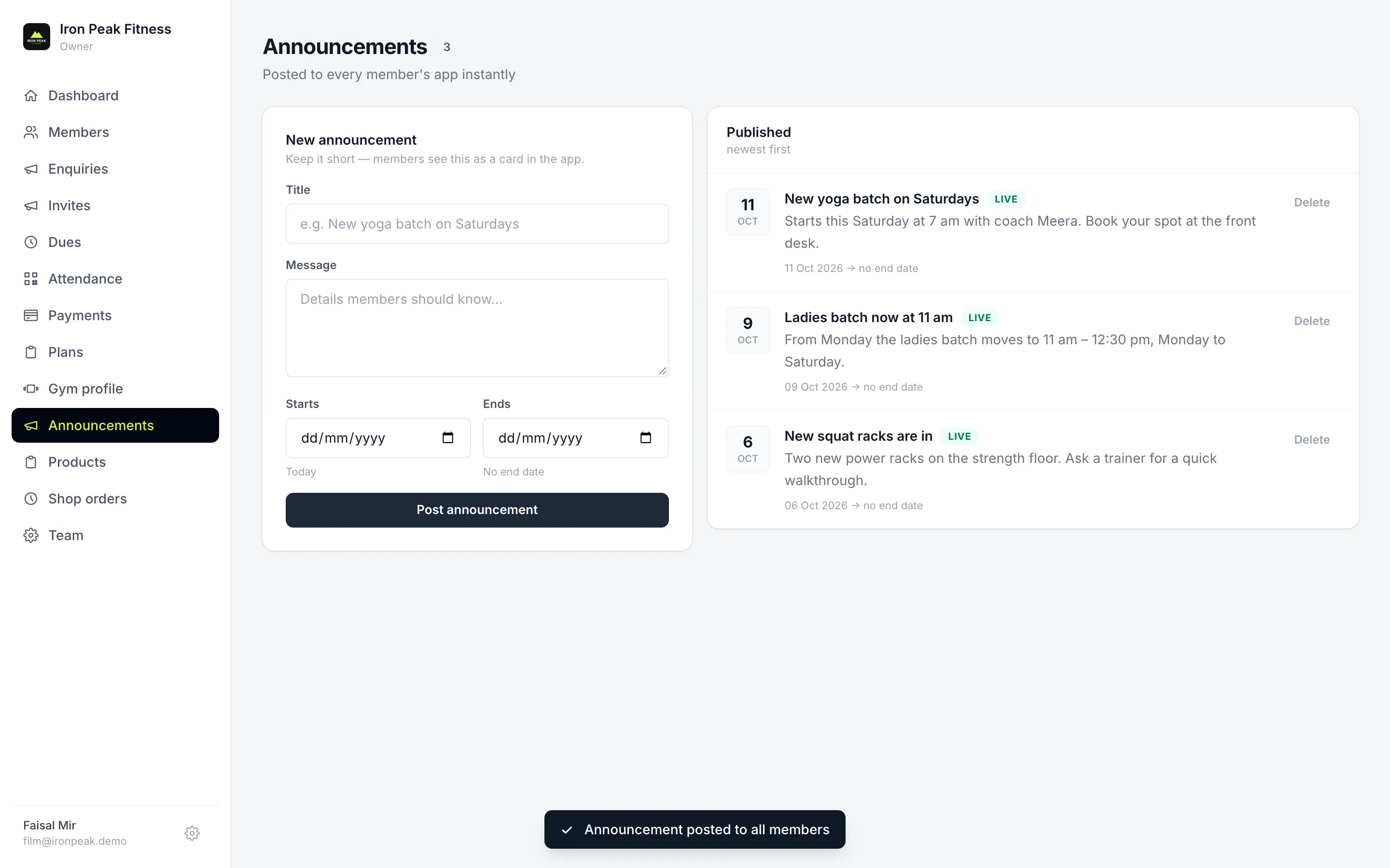 Announcements page with a newly published post