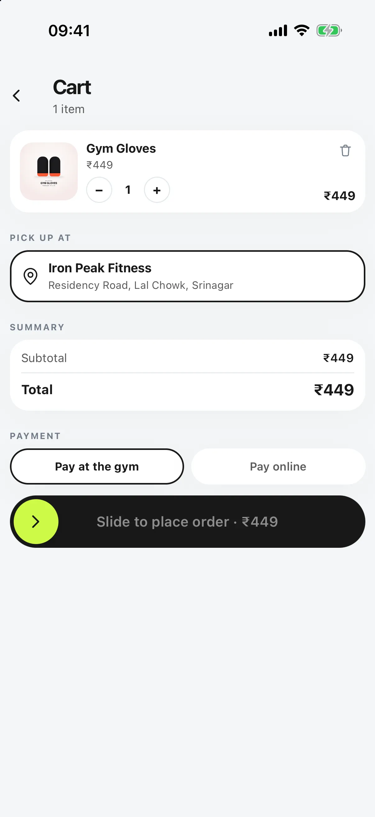 Gym shop cart with pickup at the gym