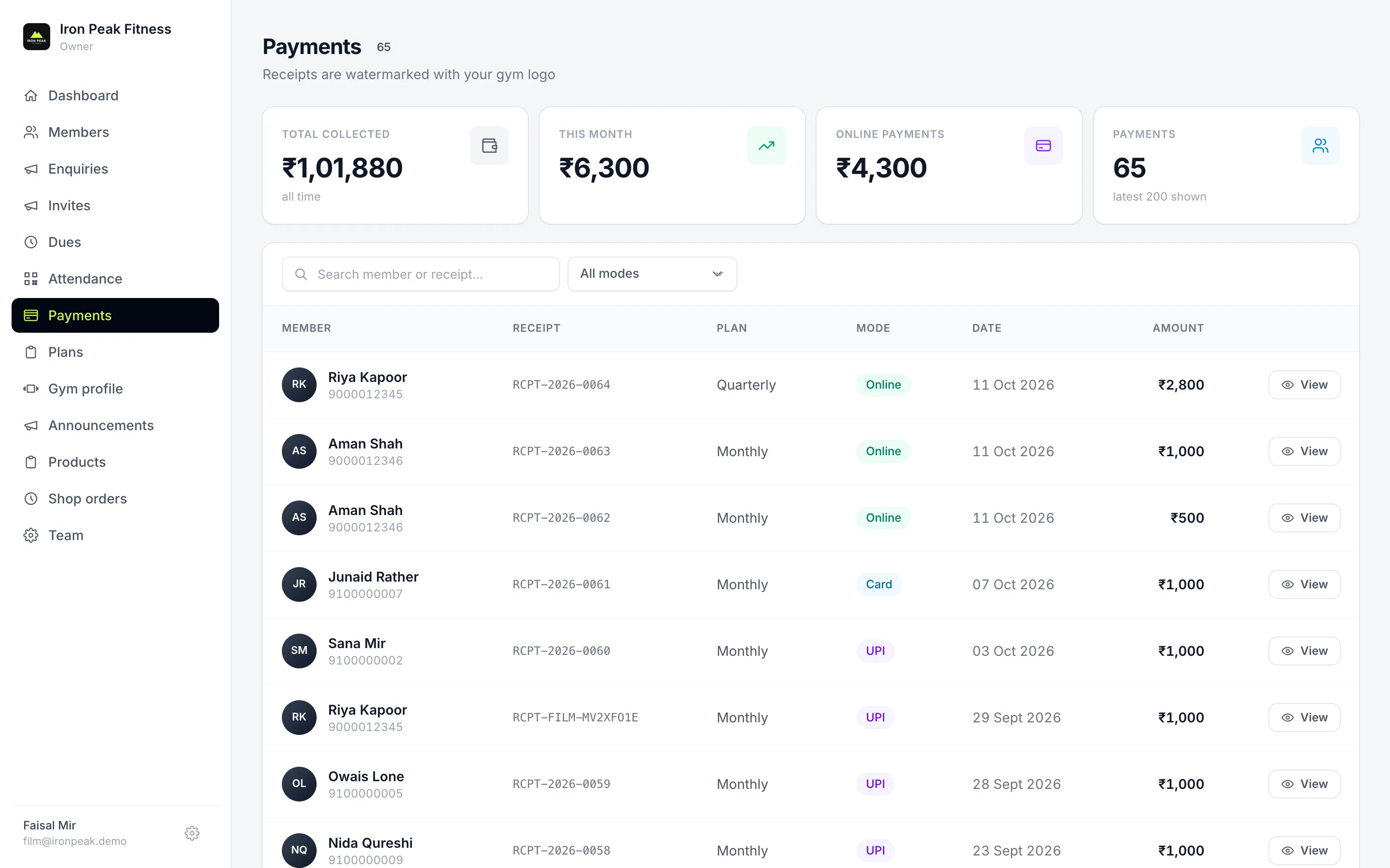 Payments list with receipt numbers, plans, payment modes and amounts
