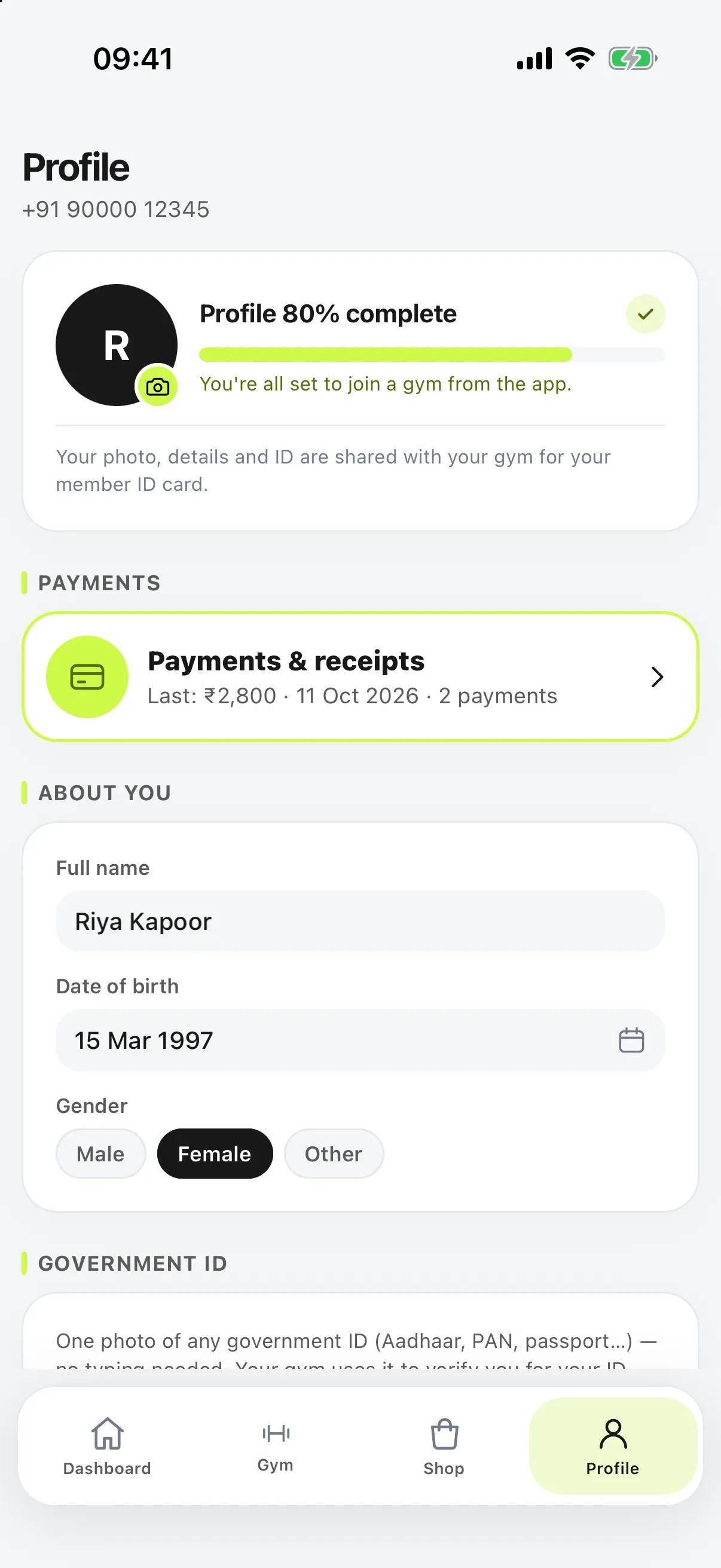 Profile screen with completion, Payments and receipts, and personal details