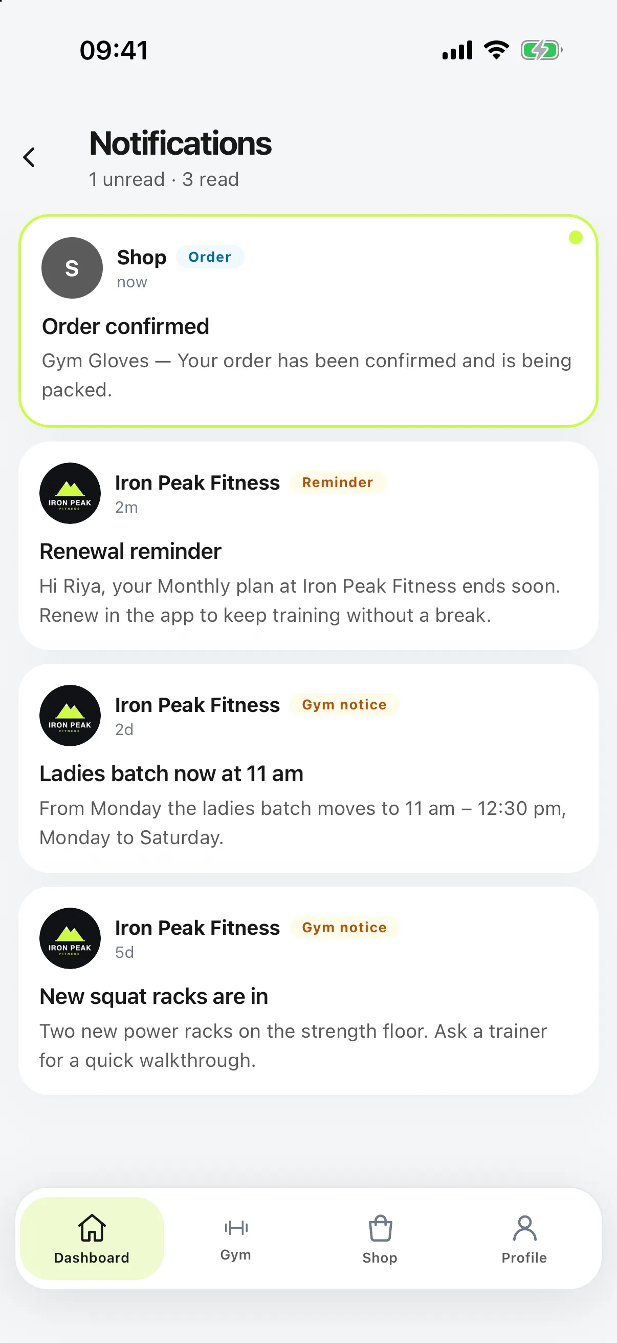 Notifications screen with an order update, a renewal reminder and gym announcements